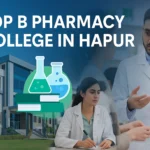 Top B Pharmacy College in Hapur – modern campus, pharmacy lab icons, student in lab coat, and pharmacist consultation scene in blue and green academic theme.