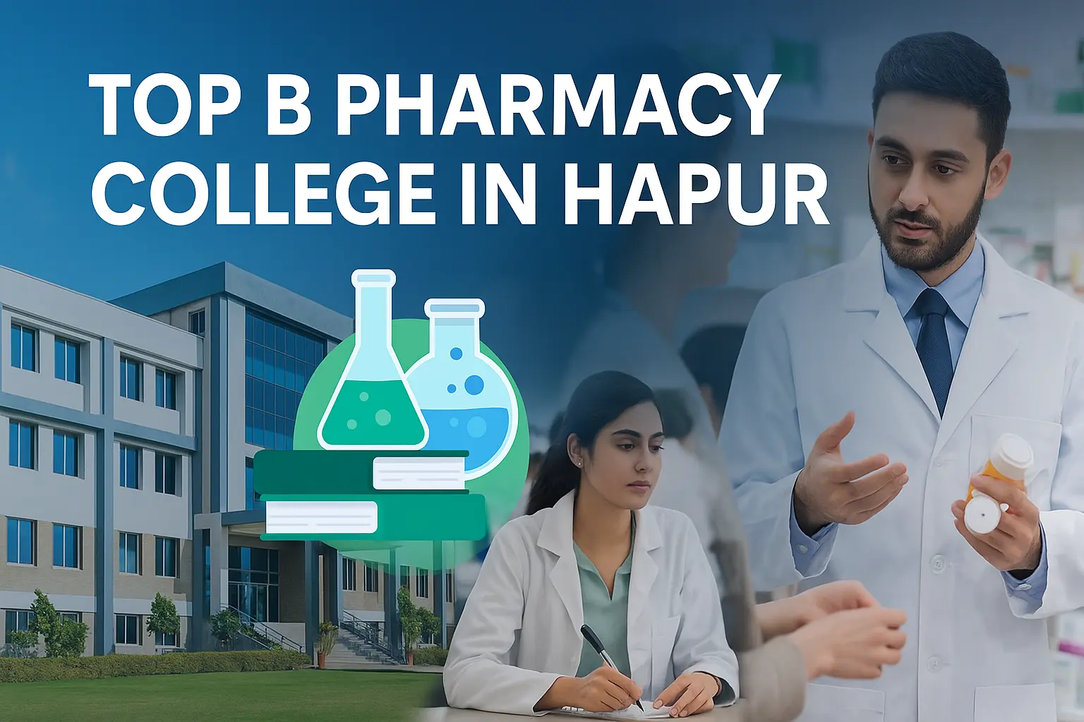 Top B Pharmacy College in Hapur – modern campus, pharmacy lab icons, student in lab coat, and pharmacist consultation scene in blue and green academic theme.