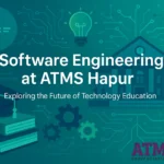 Promotional banner for Software Engineering at ATMS Hapur featuring circuit graphics, code symbols, graduation cap, books, lightbulb, and university building on a blue-green digital background with the title 'Software Engineering at ATMS Hapur – Exploring the Future of Technology Education'.
