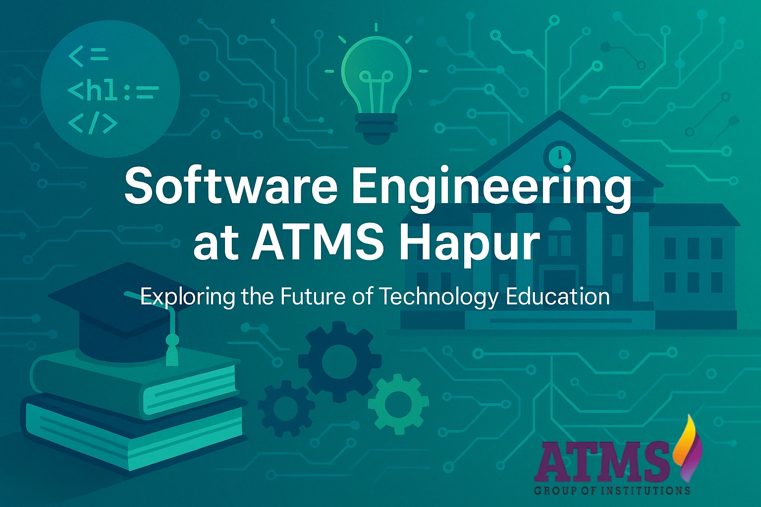 Promotional banner for Software Engineering at ATMS Hapur featuring circuit graphics, code symbols, graduation cap, books, lightbulb, and university building on a blue-green digital background with the title 'Software Engineering at ATMS Hapur – Exploring the Future of Technology Education'.
