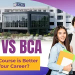 Students standing in front of ATMS Institute campus with text BBA vs BCA: Which Course is Better for Your Career
