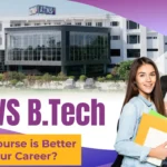 A comparison graphic titled 'BCA vs B.Tech' with the ATMS Group of Institutions college building in the background and two smiling students standing in the foreground.